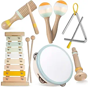 Baby Musical Instruments-Montessori Wooden Toys for Toddlers 1-3,Neutral Colors Percussion Instruments Set with Modern Boho Xylophone for Kids Preschool Educational 3+