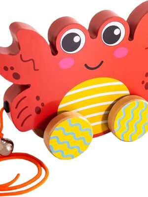 Toddler Pull-Along Toy, Wooden Montessori Toy | Bright Colors, Large Size, Not Prone to Tipping Over | Cartoon Crab Style
