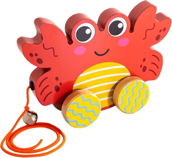 Toddler Pull-Along Toy, Wooden Montessori Toy | Bright Colors, Large Size, Not Prone to Tipping Over | Cartoon Crab Style