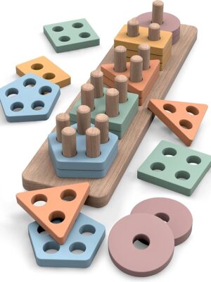 GOPO TOYS Montessori Toys for 18+ Months Old - Toddlers Wooden Sorting and Stacking Toys for Baby Boys and Girls - Shape Sorter and Color Stacker Preschool Kids Wood Gifts